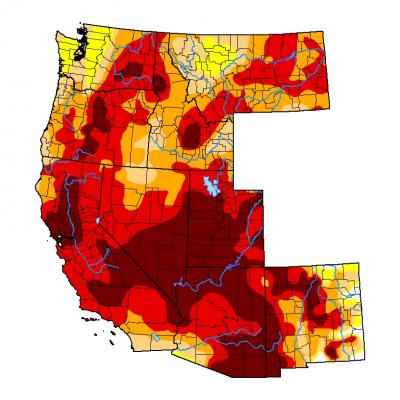 Map of western US showing level of drought in shades ranging from yellow to red