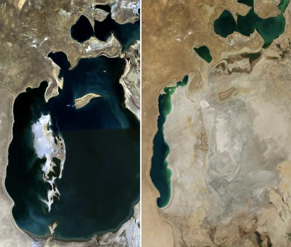 Satellite images of Aral Sea side-by-side showing water depletion between1989 and2014